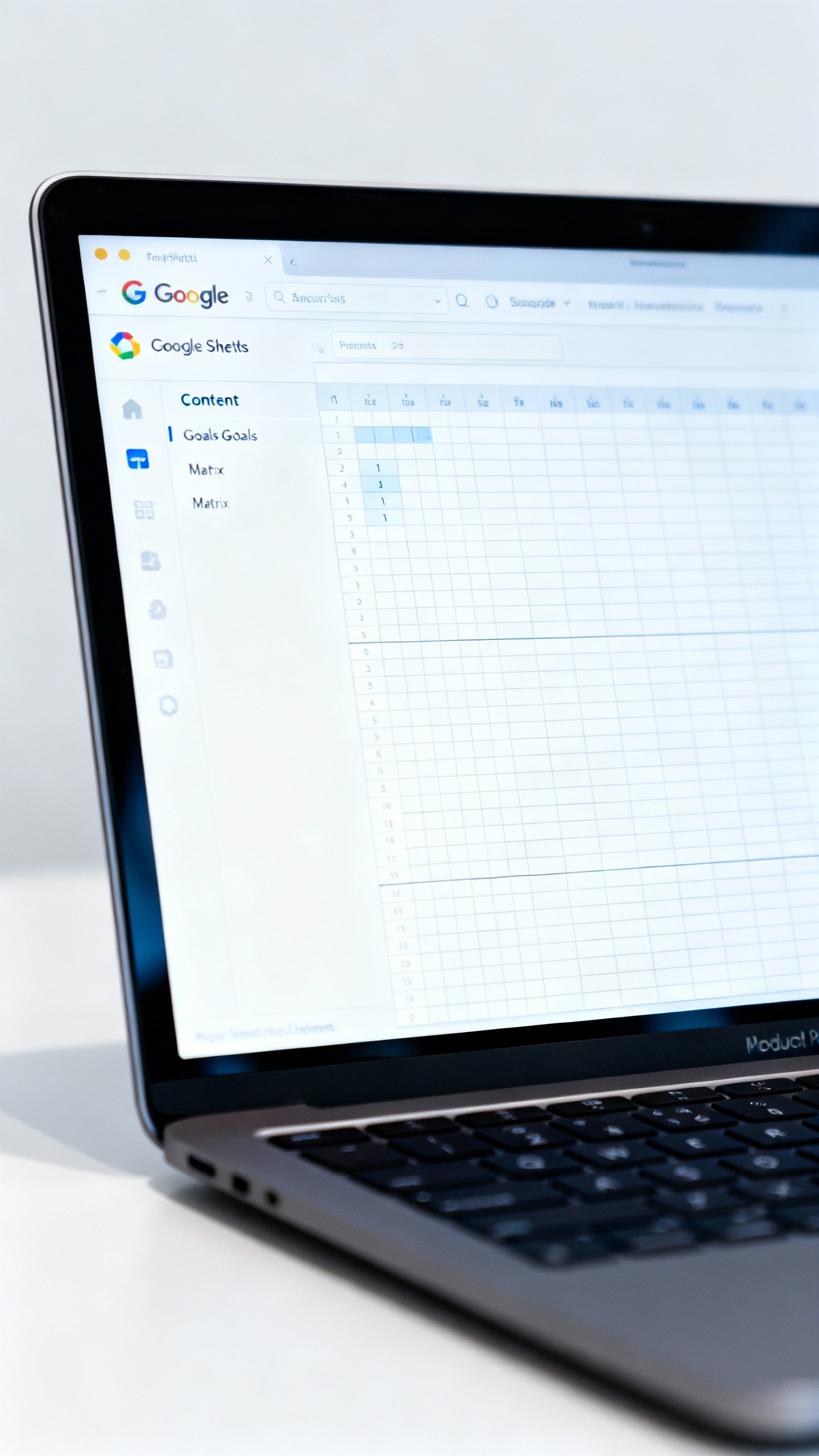 Closeup of Google Sheets on laptop, Content Goals Matrix grid, cool white light