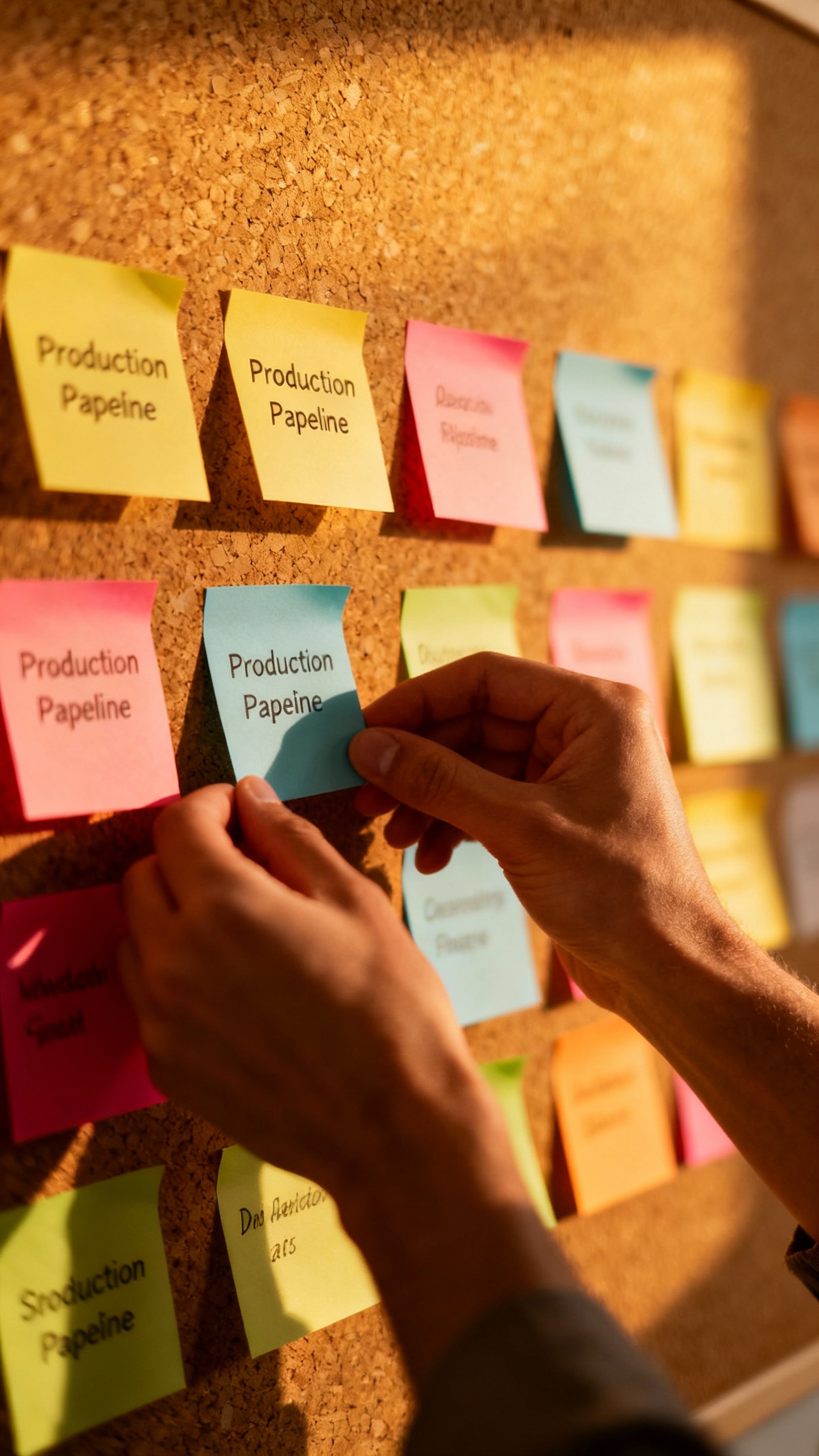 Hands arranging sticky notes for production pipeline stages on corkboard, warm studio lighting