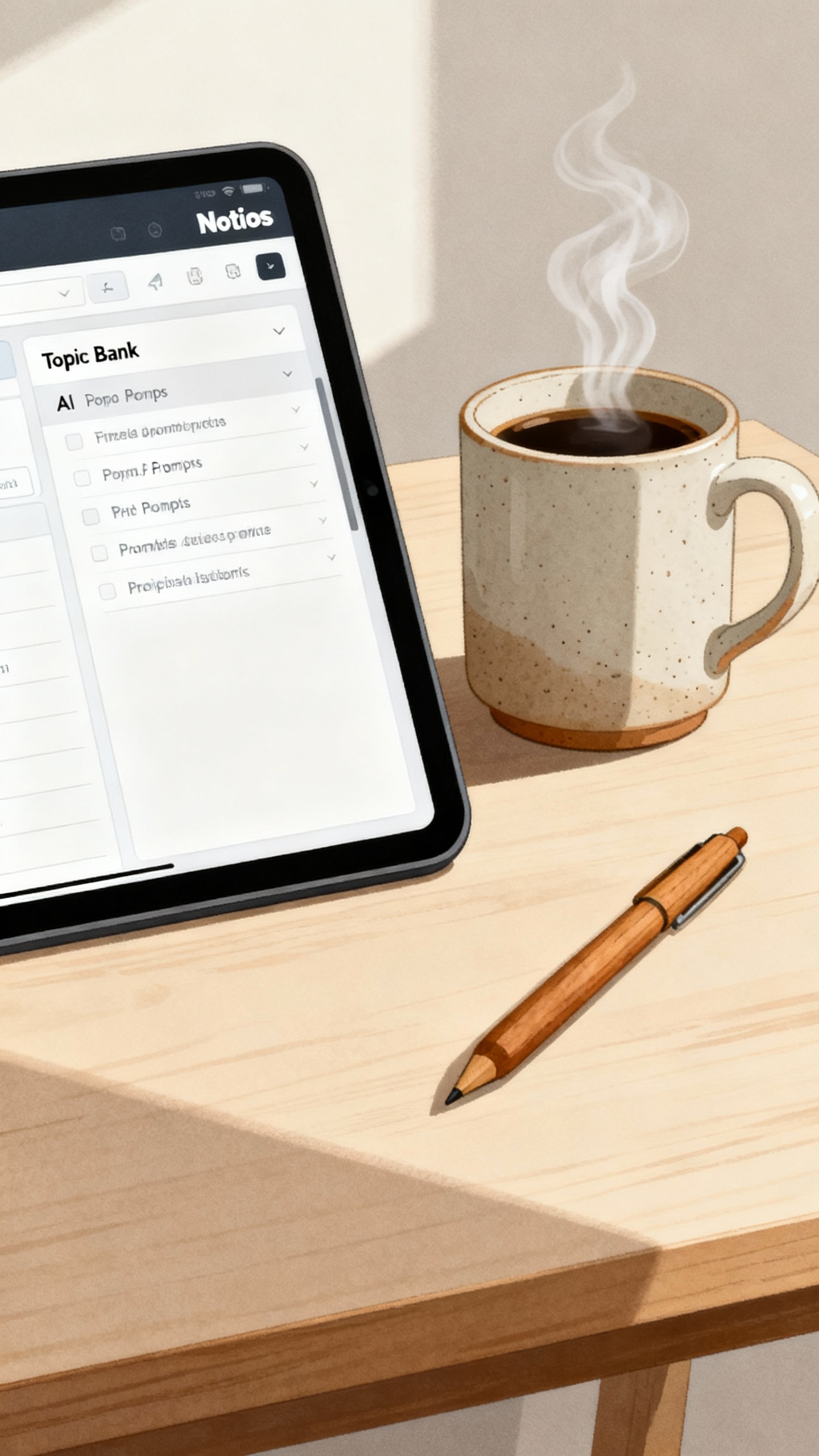 Notion dashboard on tablet showing Topic Bank with AI prompts, coffee mug and pen nearby