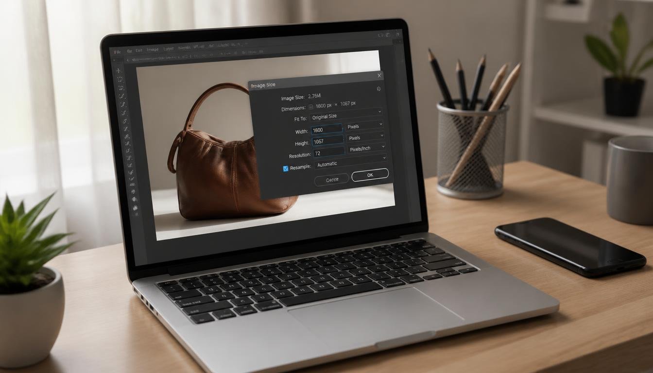 Resizing blog photos with your phone for WordPress: product photo in a laptop resize dialog beside a smartphone