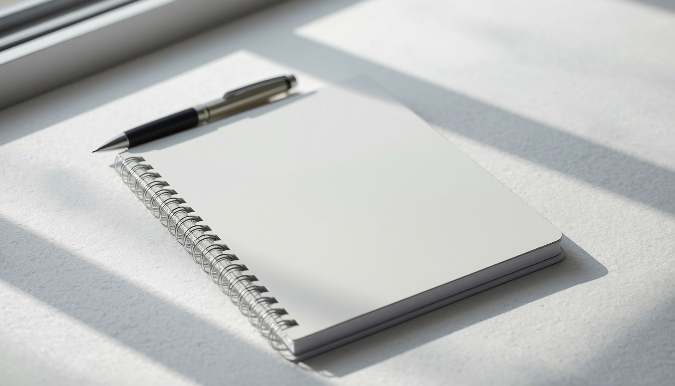 Window light setup for blog photos with your phone: spiral notebook and pen on a white surface