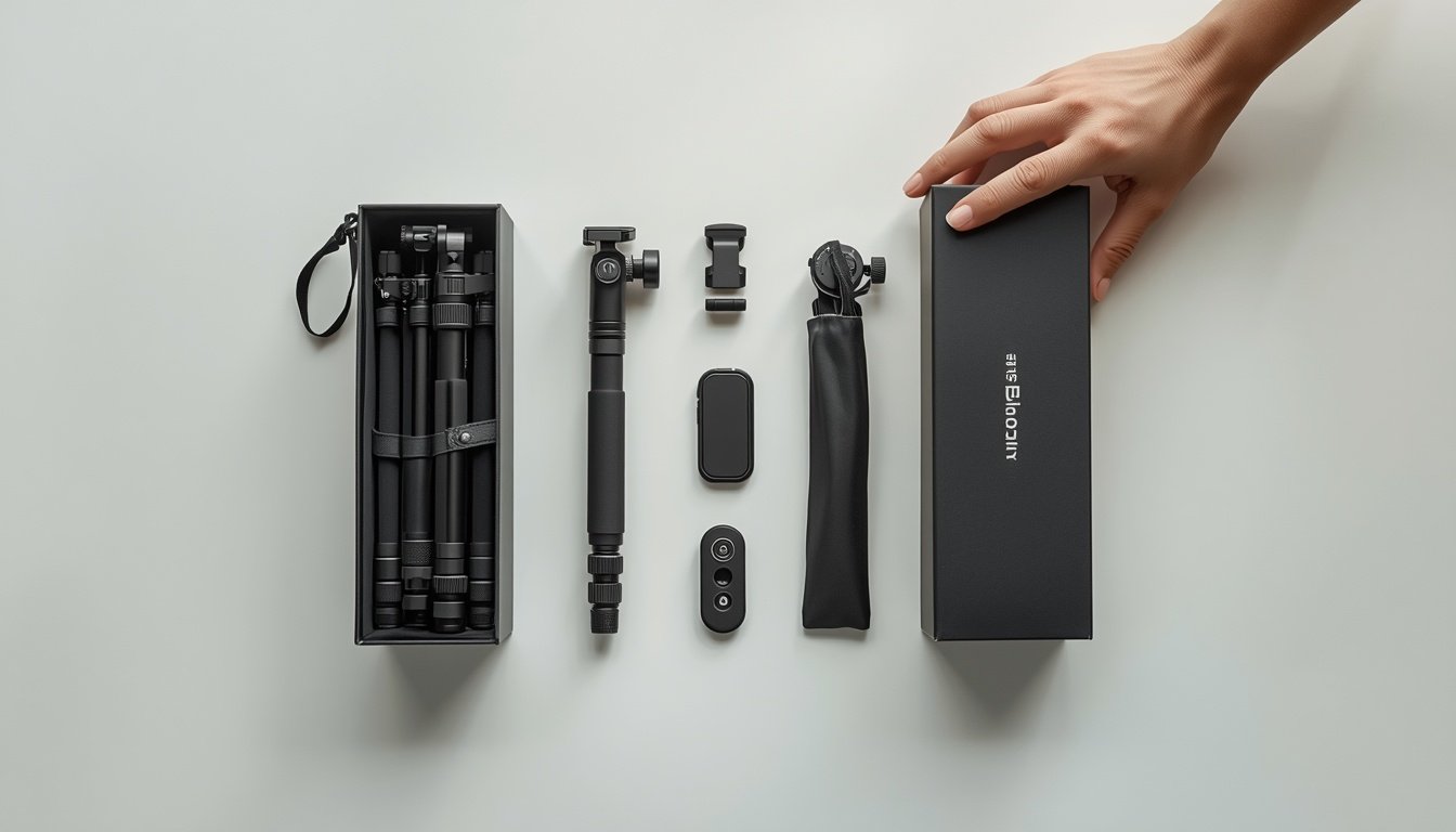 Phone tripod kit for blog photos with your phone, laid out flat: tripod, clip, remote, pouch and box