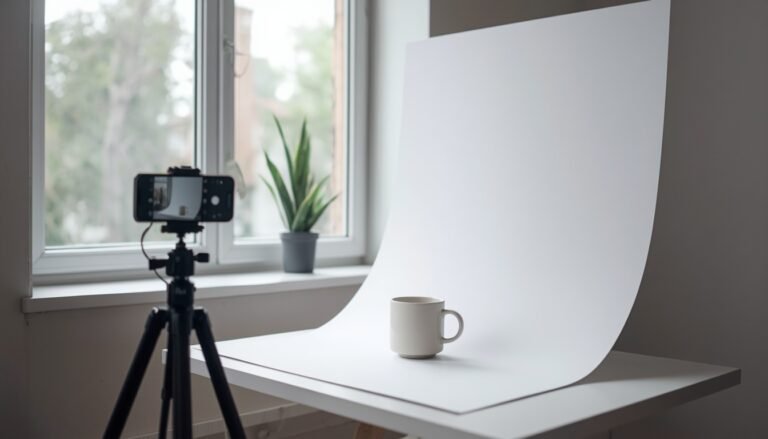 Blog photos with your phone: smartphone on a tripod photographing a white mug on a curved white backdrop beside a window
