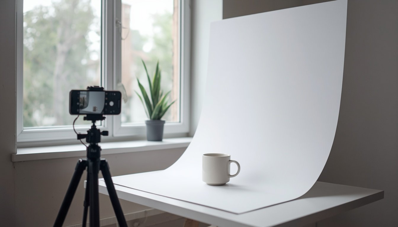 Blog photos with your phone: smartphone on a tripod photographing a white mug on a curved white backdrop beside a window