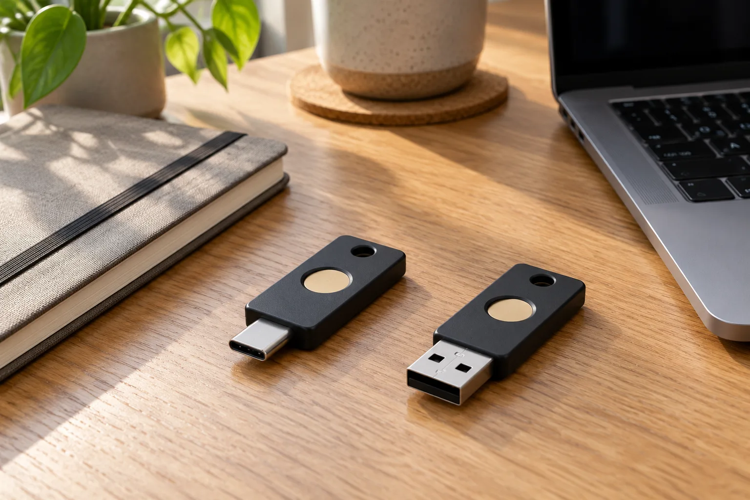 Two generic USB-C and USB-A security keys arranged separately beside a notebook