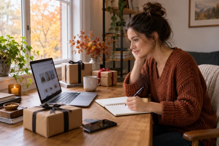 Blogger planning Black Friday affiliate marketing at a desk with laptop and gift boxes
