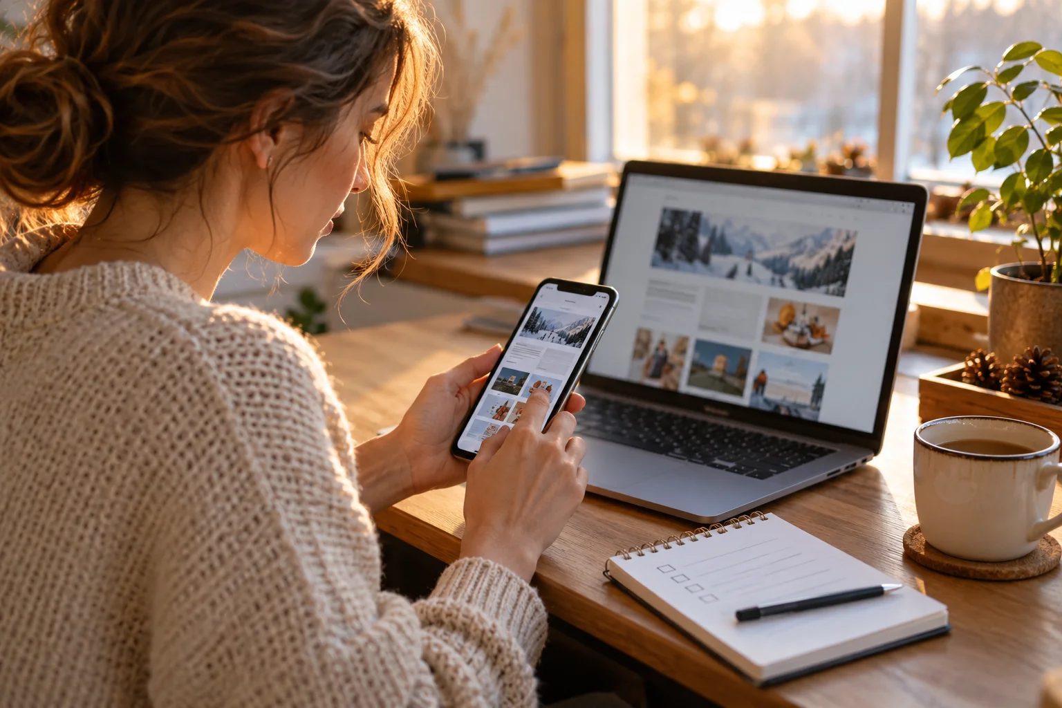 Blogger checking a phone and laptop during a Black Friday affiliate marketing link audit