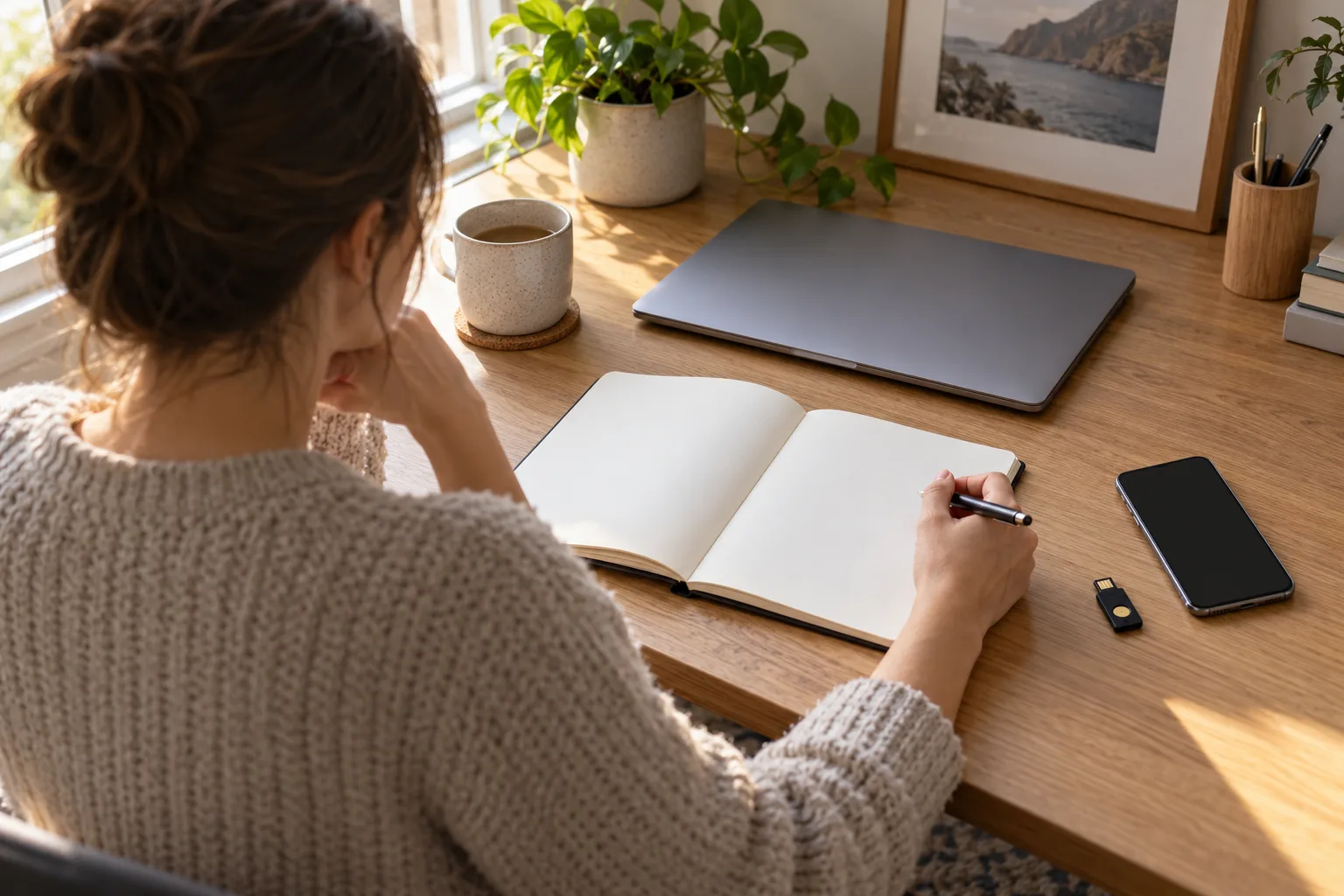 Blogger planning account recovery in a notebook beside a laptop and phone