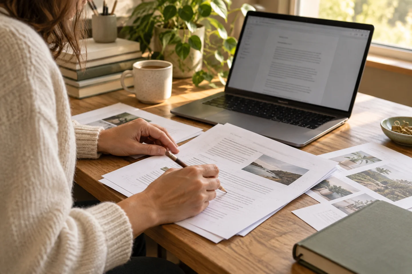 Blogger revising a printed article as part of a content refresh workflow