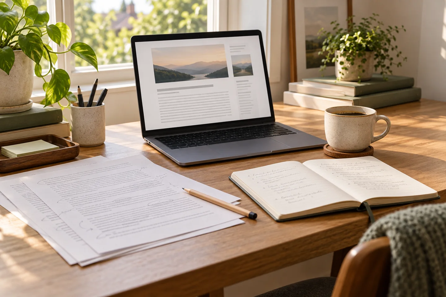 Laptop, annotated pages, and notebook prepared for a content refresh workflow