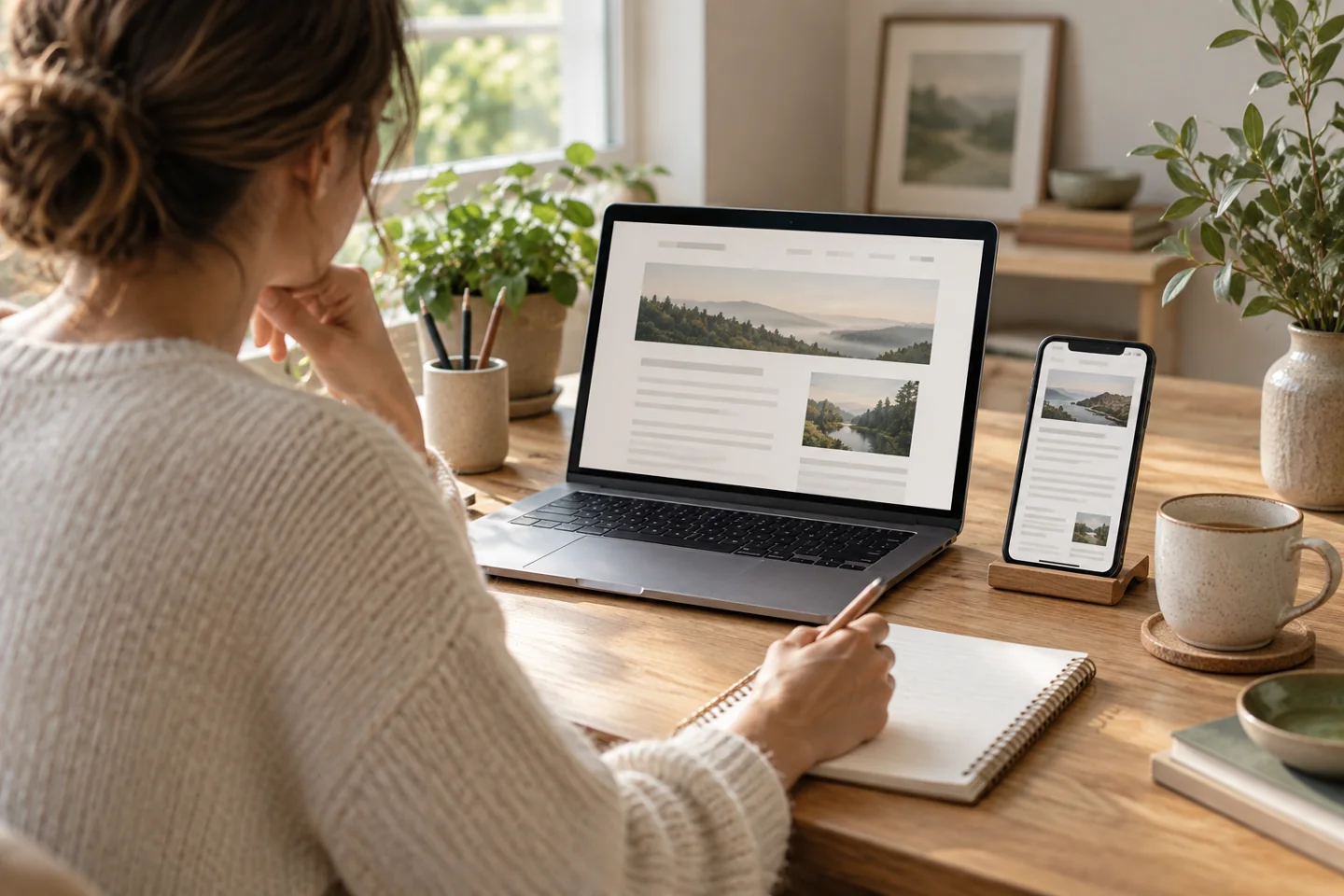 Blogger checking article layouts on laptop and phone during a content refresh workflow