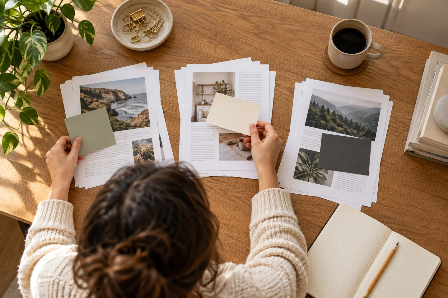 Blogger sorting printed articles into groups during a content refresh workflow
