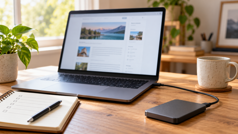 Laptop and external storage drive on a sunlit blogging desk