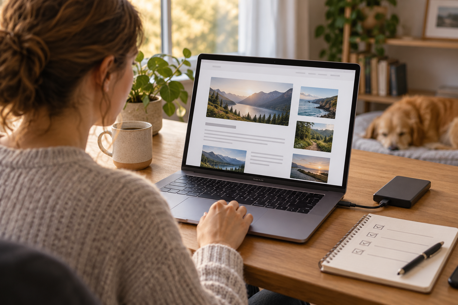 Blogger reviewing an illustrative blog page beside an external drive and checklist