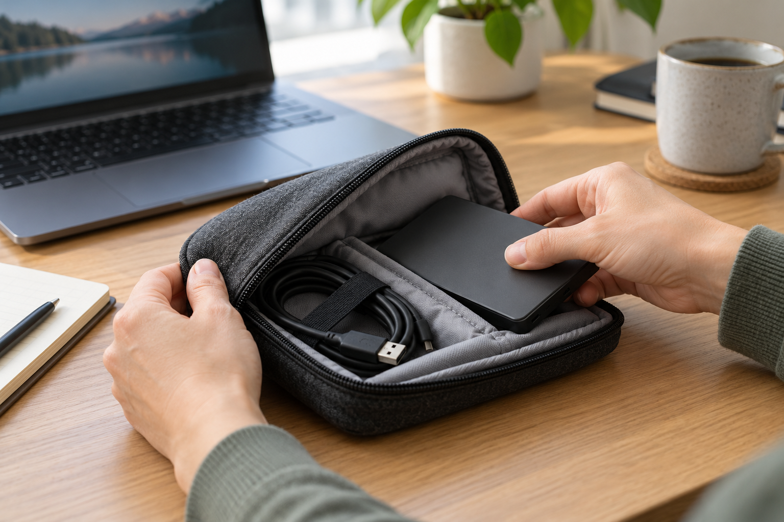 Hands placing a disconnected external drive and cable into a padded pouch