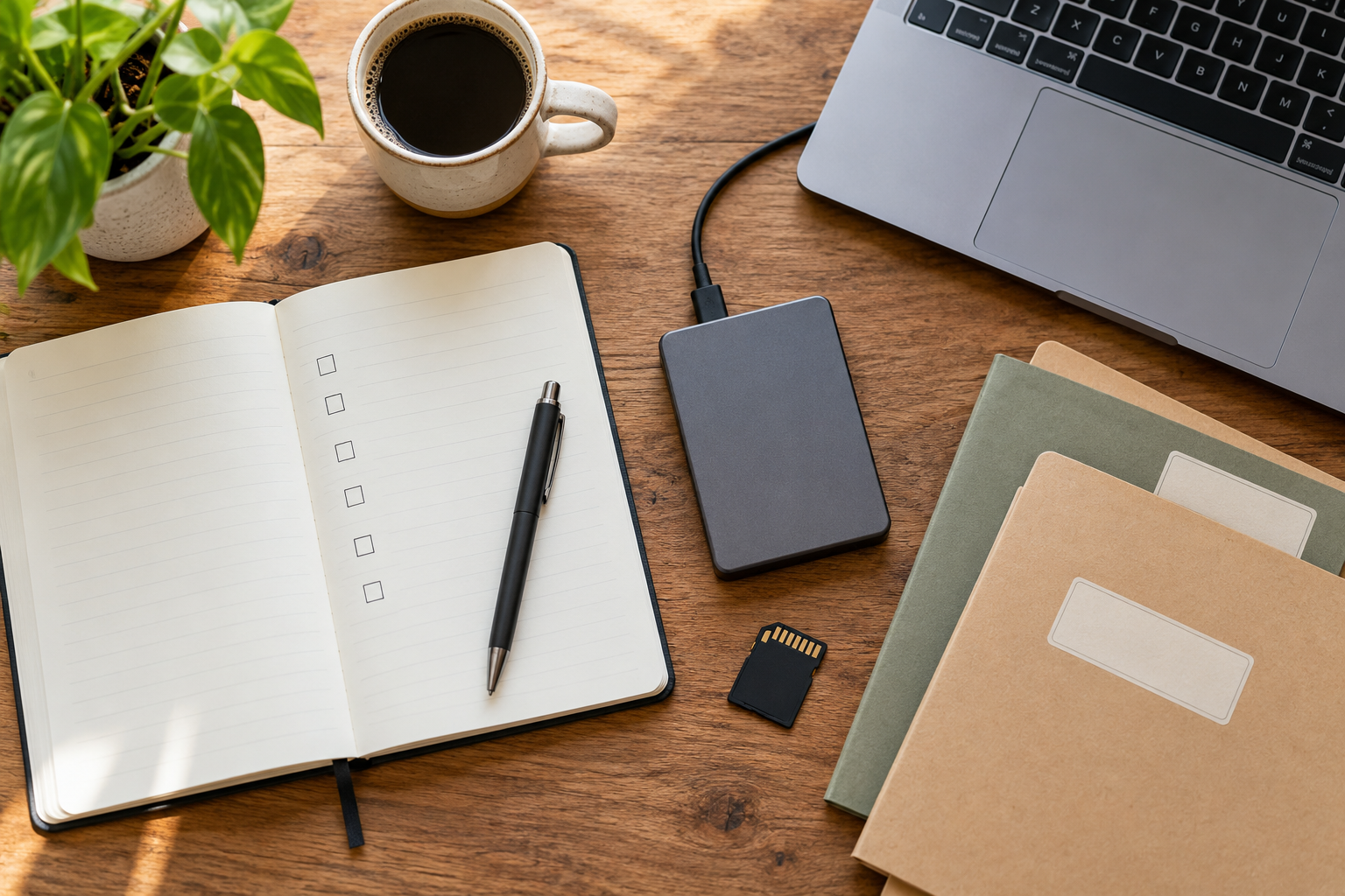 Notebook checklist, external drive, folders, and memory card beside a laptop
