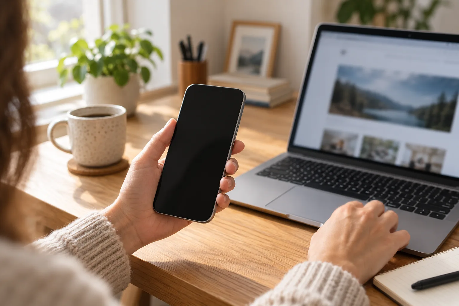 Blogger holding a phone beside a laptop while preparing WordPress passkeys