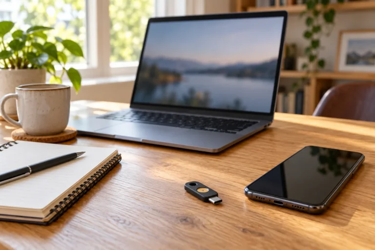 WordPress passkeys planning setup with a laptop, phone and generic security key